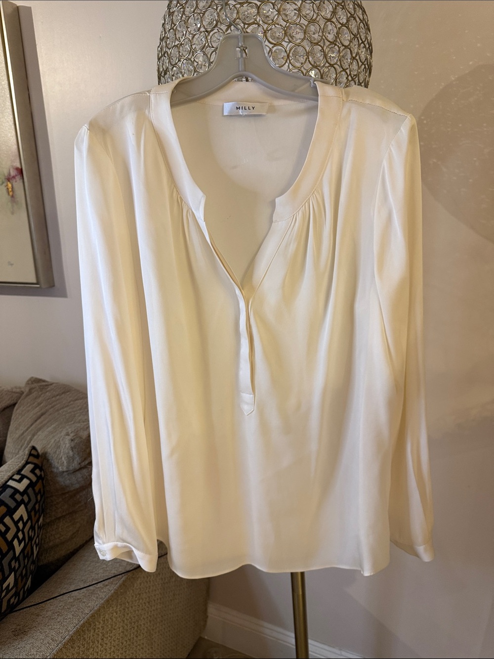 Milly Cream Split-Neck Long Sleeve Silk Blouse size L - Picture 2 of 5
